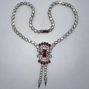 Coro 1940s vintage silver tone rhodium plated clear red rhinestones necklace